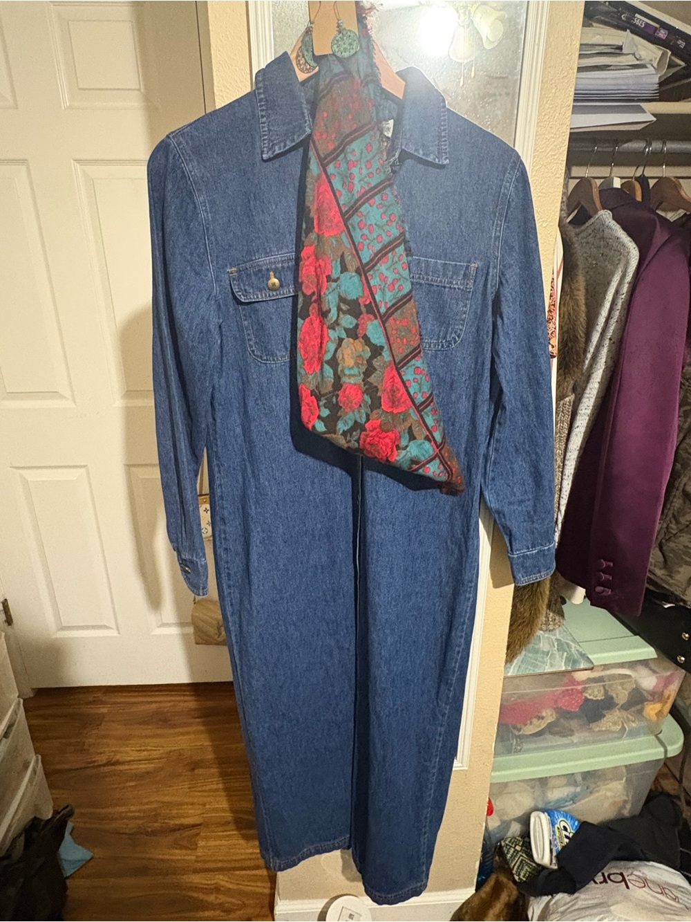 Denim Shirt Dress 3-Piece Set with Floral Scarf & Statement Earrings